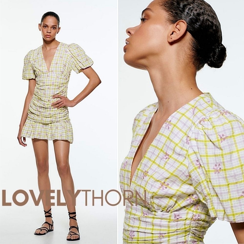 ZARA // floral checkered print plunge puff sleeve draped mini dress - Picture 2 of 13